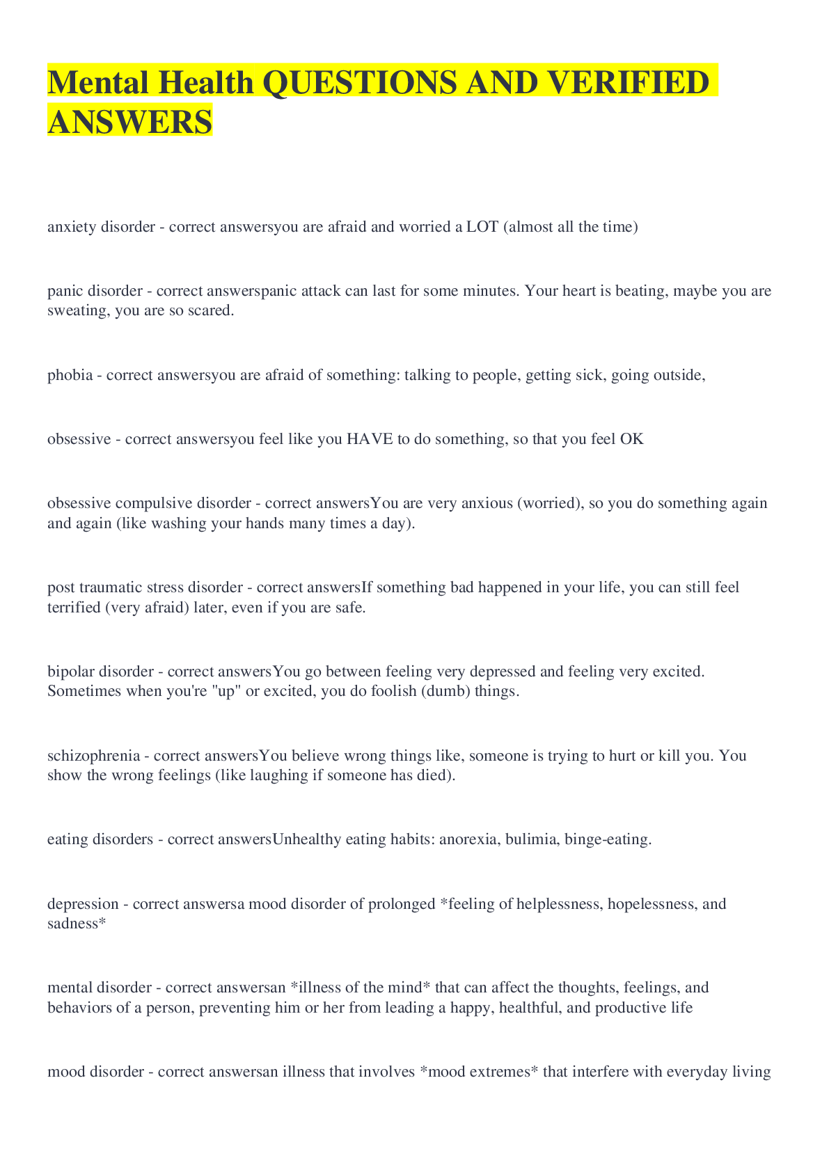 Preview image for Mental Health QUESTIONS AND VERIFIED ANSWERS